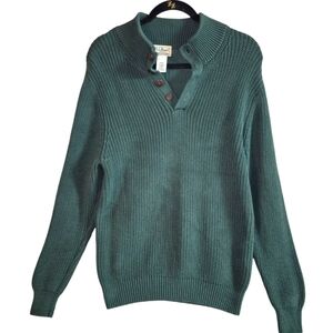 Vintage L.L BEAN Men Medium 100% Cotton Hunter Green Brown Button Collar Sweater
